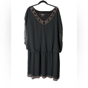 S.L.‎ Fashions midi chiffon dress beaded neck & hem cinched waist black size 24